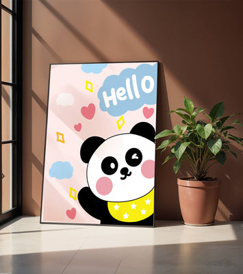 Panda illustration with playful elements and pastel colors