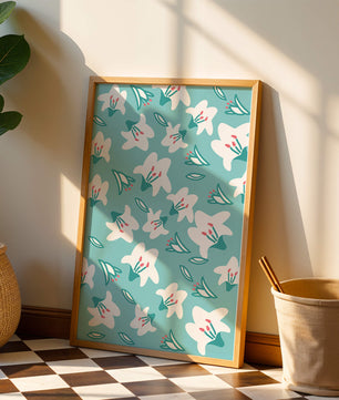 Motif floral avec des lys blancs sur un fond turquoise