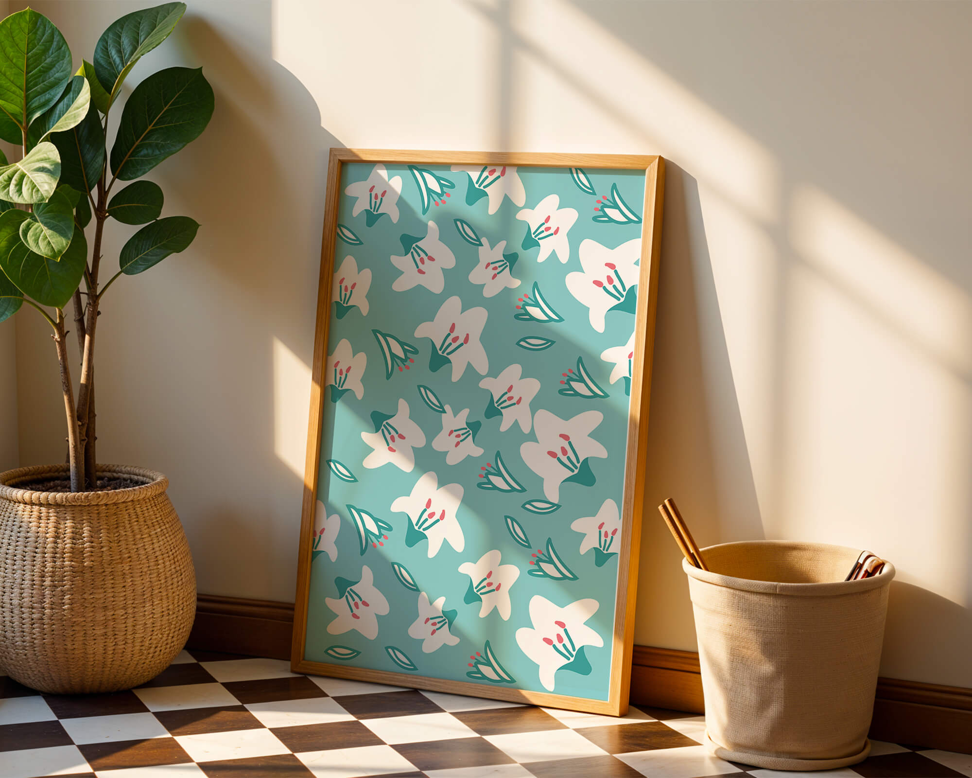 Floral pattern with white lilies on a turquoise background