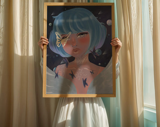 Surreal portrait of a mystical figure with blue hair and butterflies