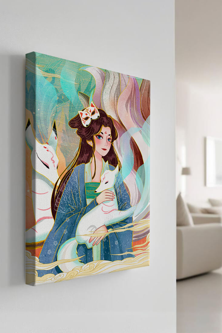 Woman with foxes in a mystical fantasy scene