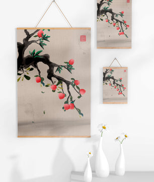 Asian ink painting featuring cherry blossoms on a textured background