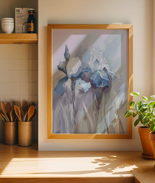 Delicate blue and white floral painting with soft brush strokes
