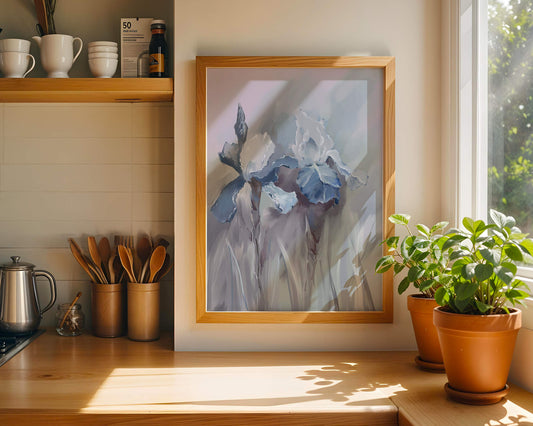 Delicate blue and white floral painting with soft brush strokes