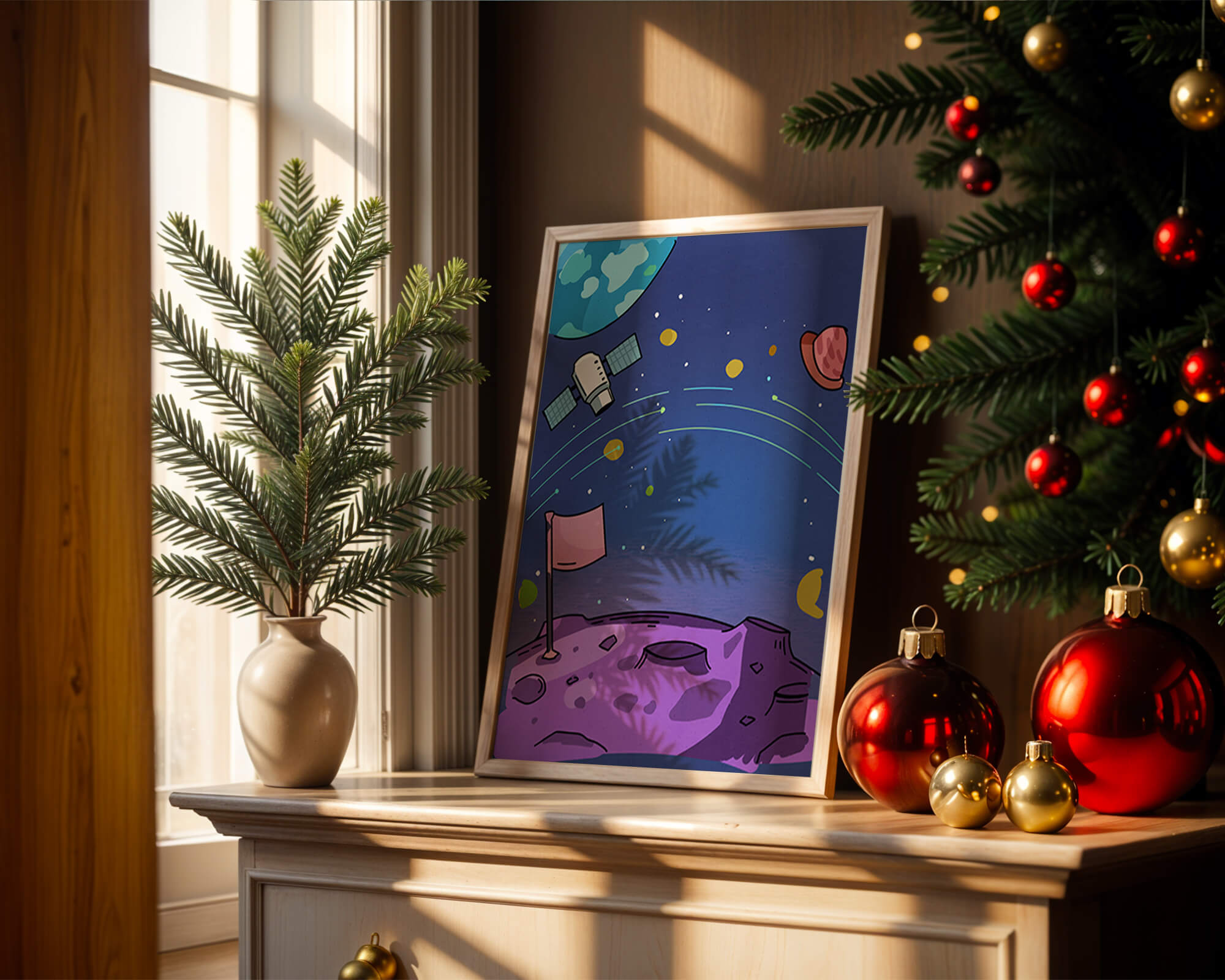 Illustration of outer space scene with planets and satellite