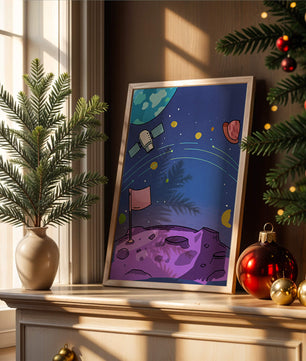 Illustration of outer space scene with planets and satellite