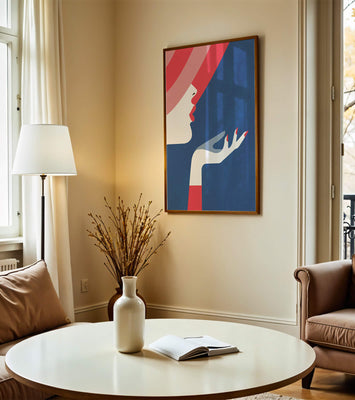 Elegant Woman with Red Hat and Stylized Hand