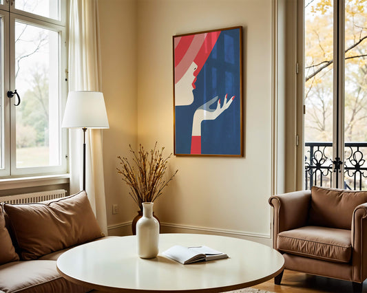 Elegant Woman with Red Hat and Stylized Hand