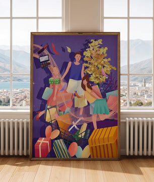 Illustration d'une expérience de shopping joyeuse en famille avec des cadeaux et des couleurs vives
