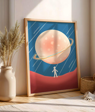 Illustration Of A Large Planet Against A Stardust Background With A Small Figure In The Foreground