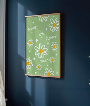 Estampado floral con margaritas sobre fondo verde