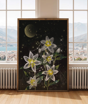 Luminous Night Flowers Under a Starry Sky with Golden Moon - Mi tienda