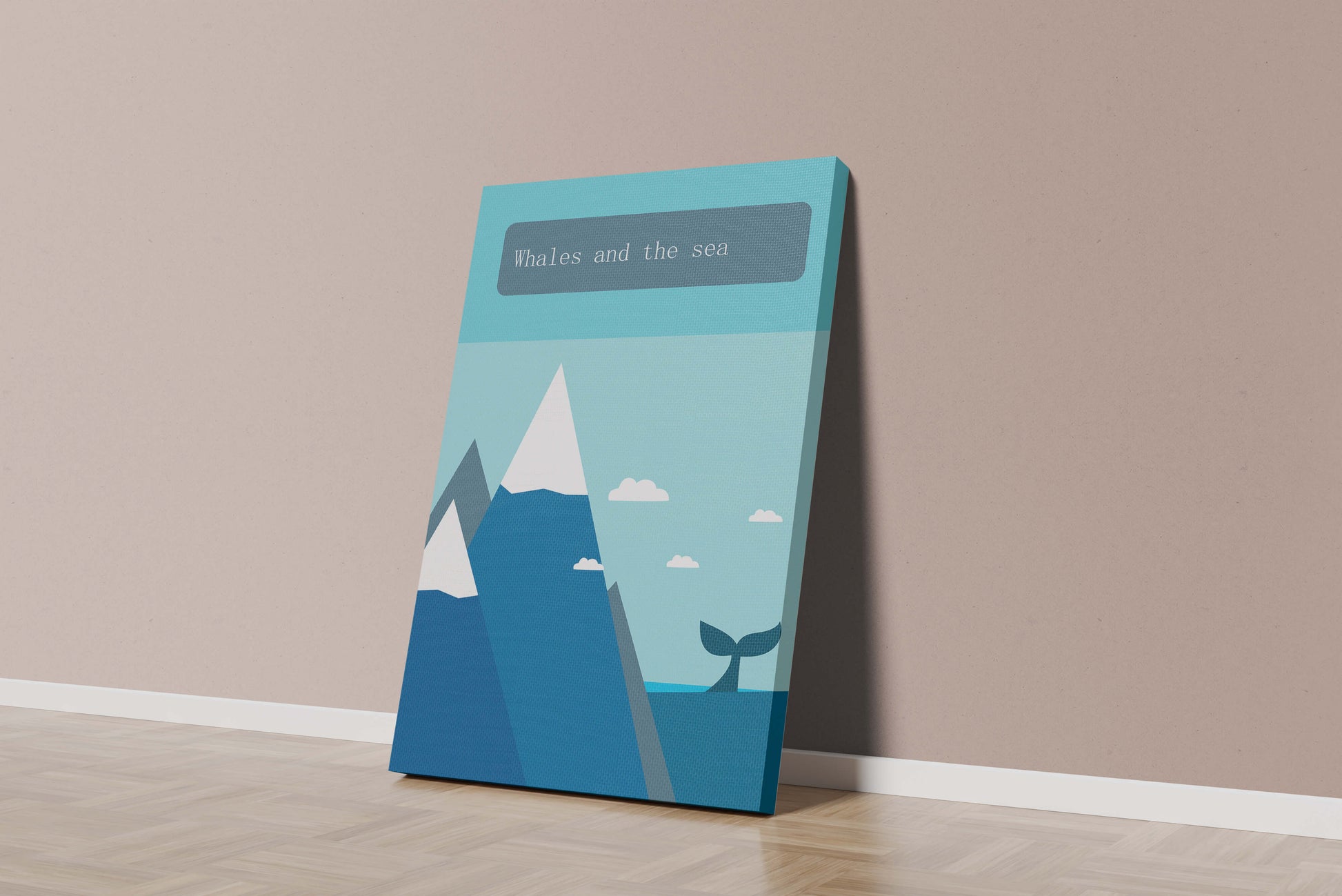 Whale and mountain illustration with sea and sky background