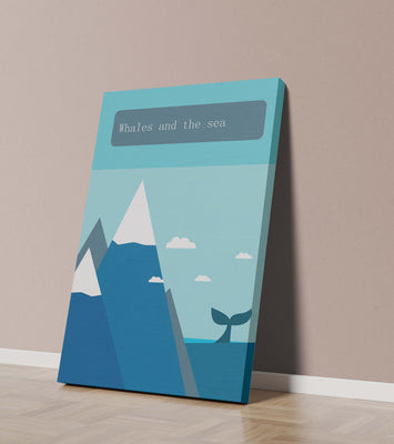 Whale and mountain illustration with sea and sky background