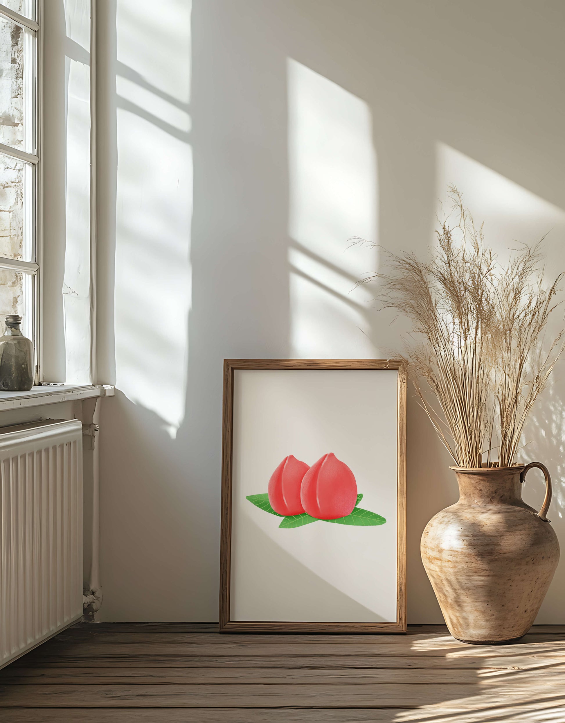 Realistic illustration of juicy peaches with green leaves