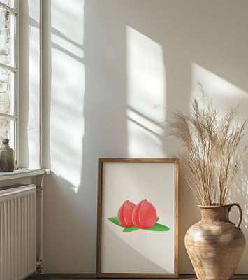 Realistic illustration of juicy peaches with green leaves