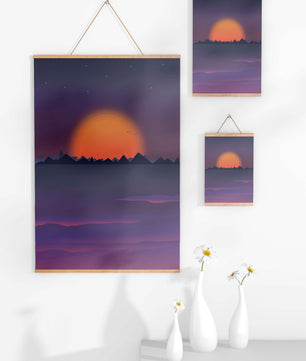 Sunset Over Mountains with Starry Sky