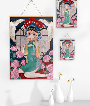 Chica anime elegante con atuendo tradicional y detalles florales y de grulla