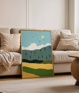 Minimalist Landscape with Hills and Sun