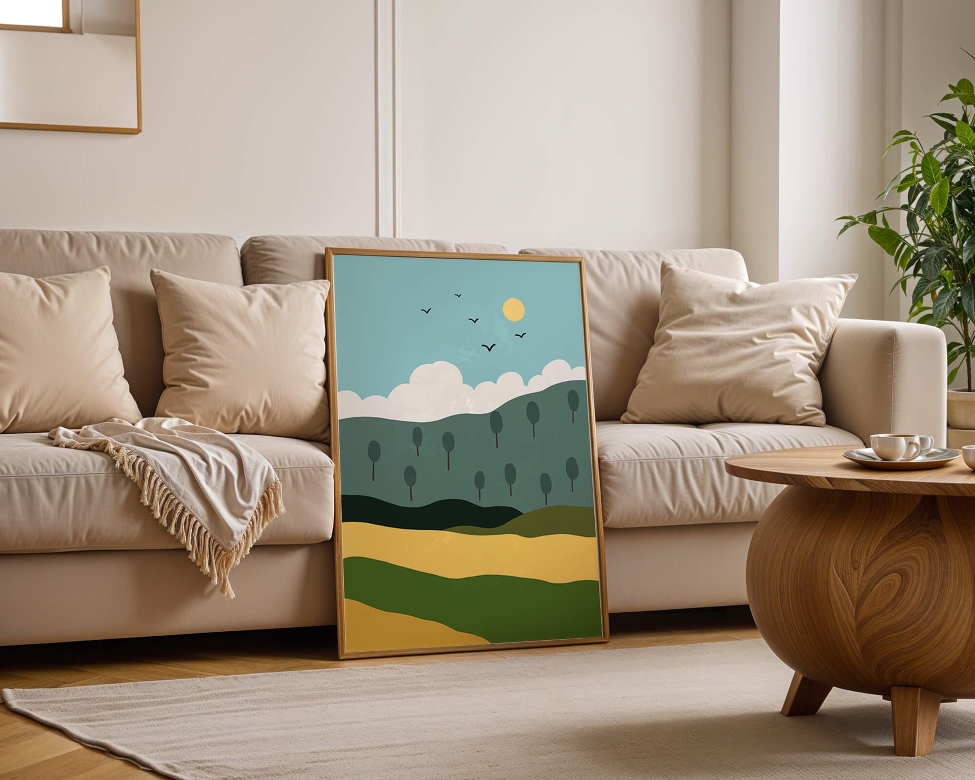 Minimalist Landscape with Hills and Sun