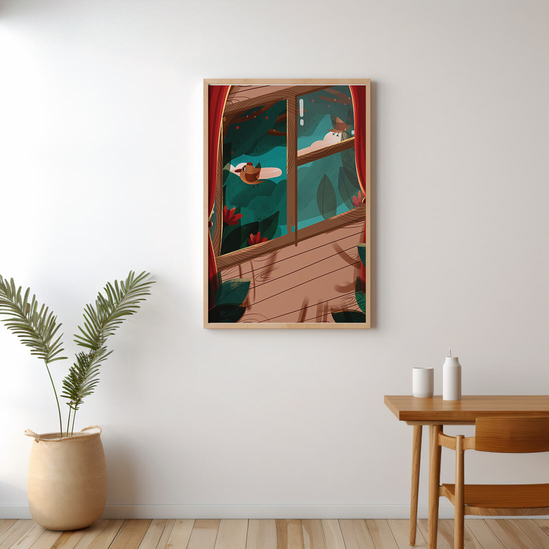 Bird Sitting by an Open Window Overlooking a Lush Garden