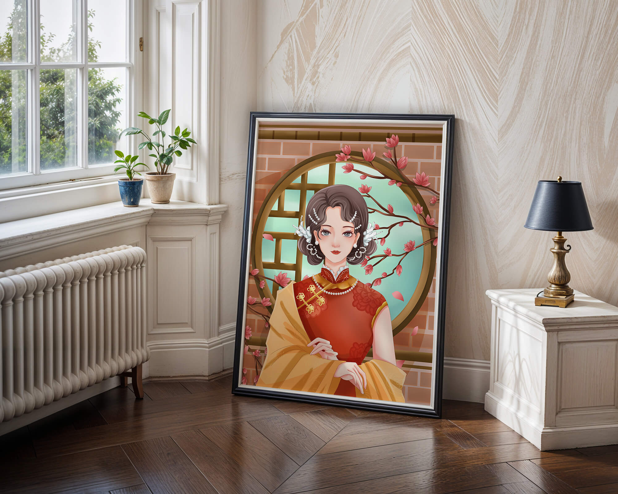 Elegant woman in traditional dress with floral background