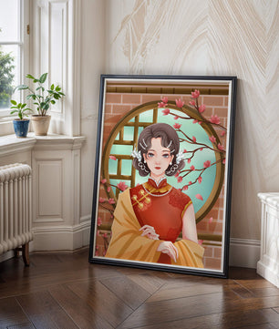 Elegant woman in traditional dress with floral background