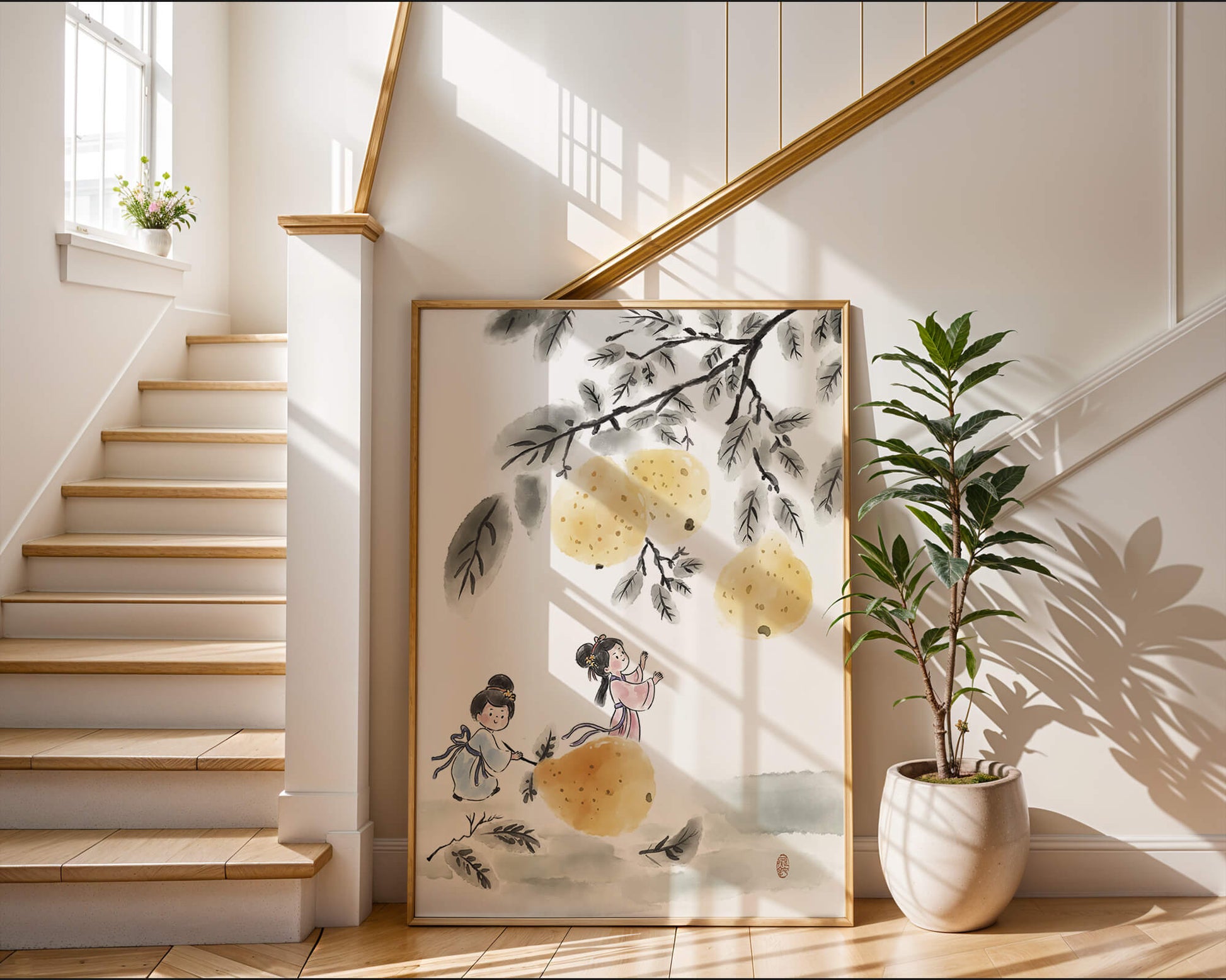 Ilustración encantadora de niños en vestimenta tradicional recolectando peras