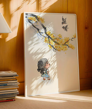 Charming illustration of a child gazing at birds and yellow blossoms