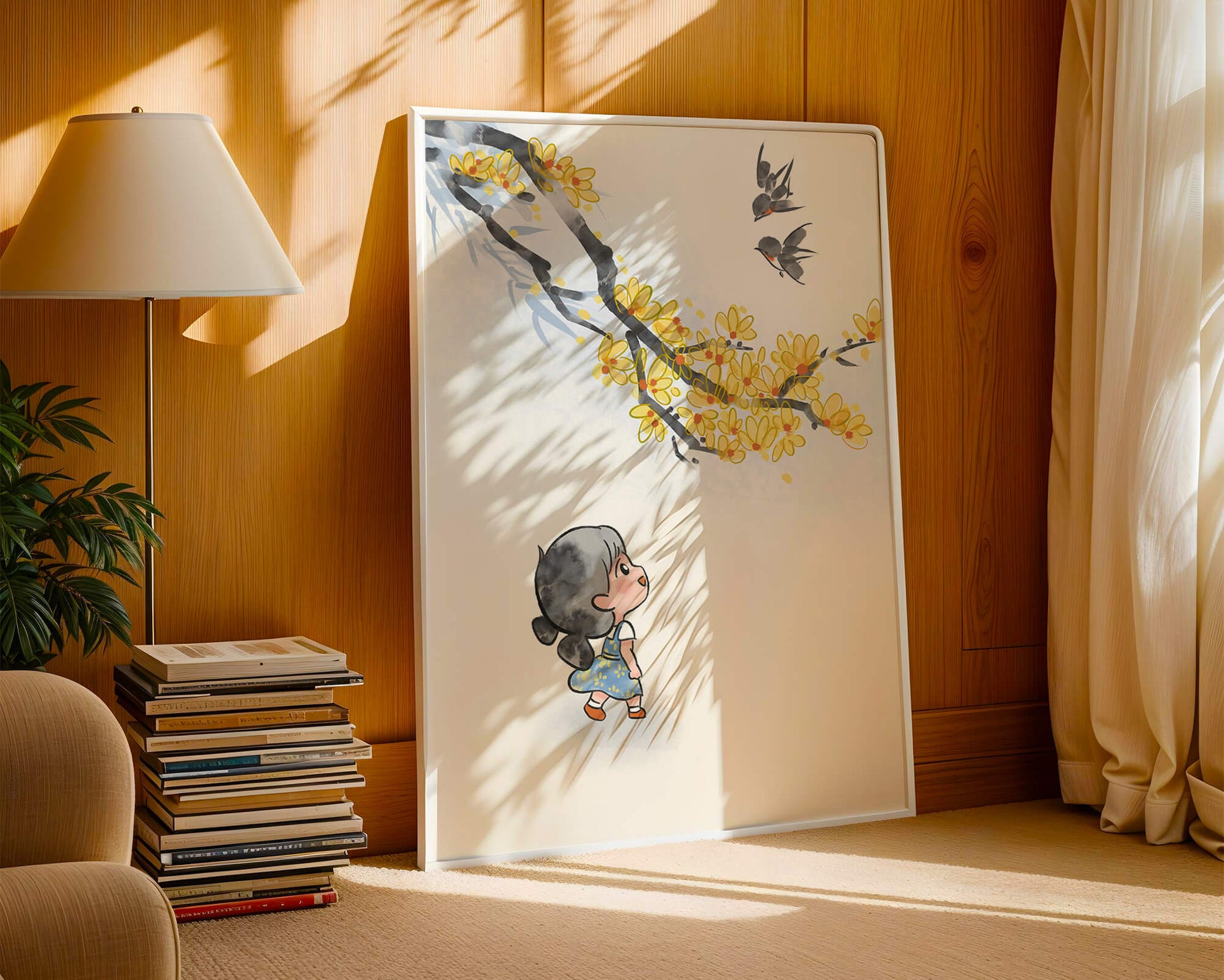 Charming illustration of a child gazing at birds and yellow blossoms