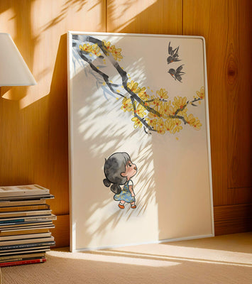Charming illustration of a child gazing at birds and yellow blossoms