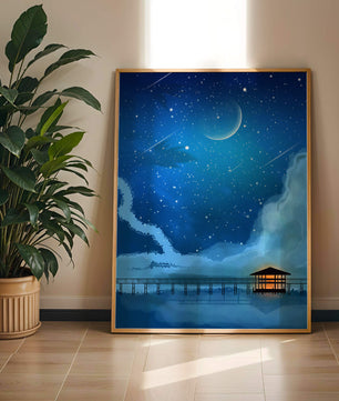Serene Night Sky with Crescent Moon, Stars, and Pier Over Water