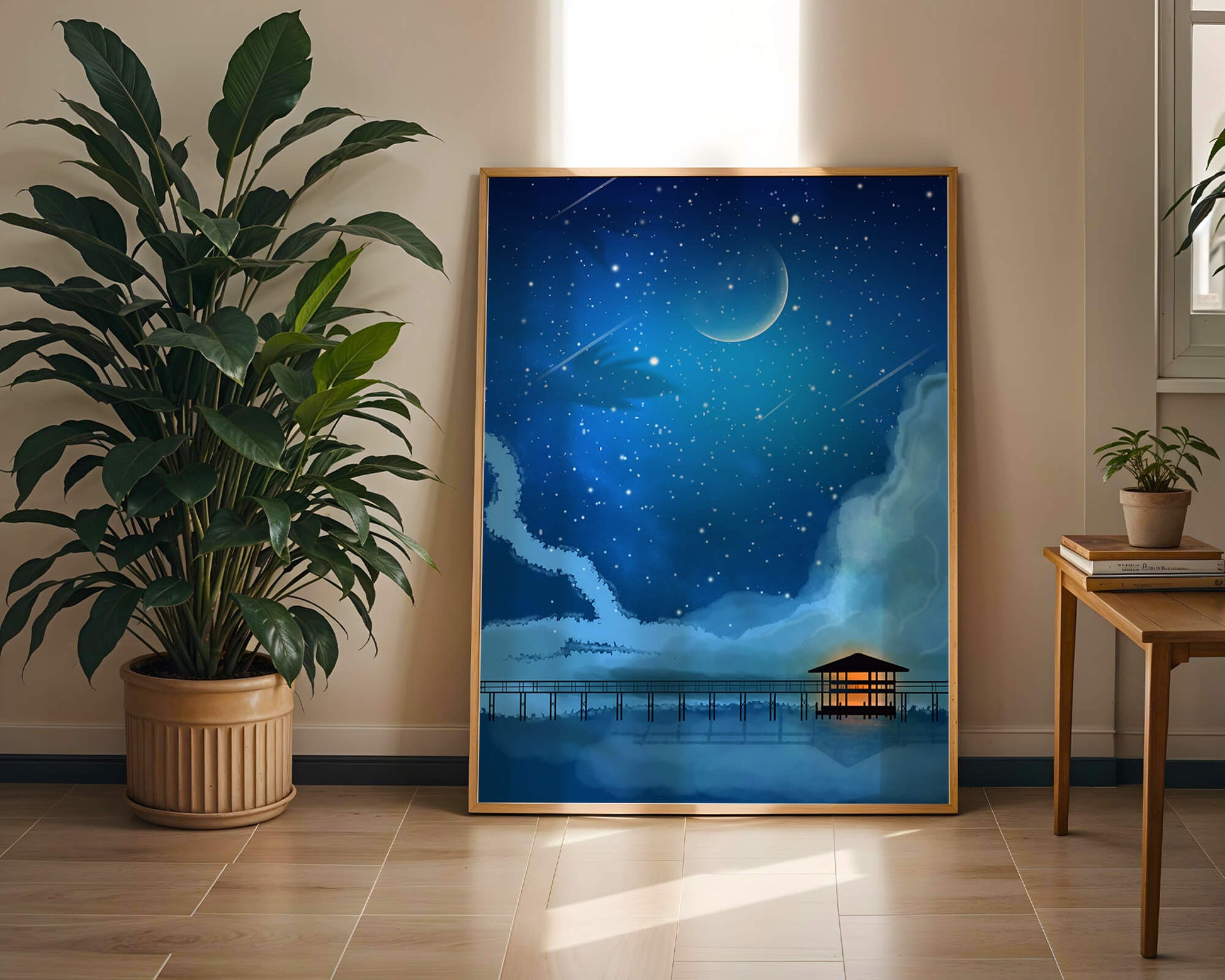Serene Night Sky with Crescent Moon, Stars, and Pier Over Water
