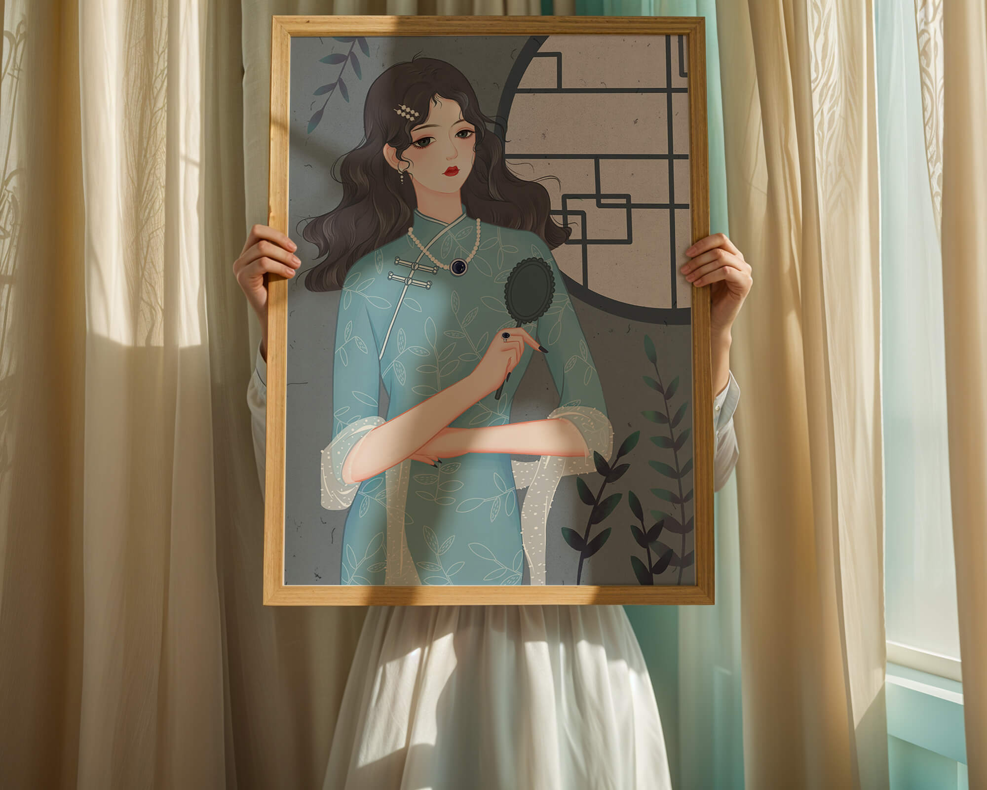 Elegant woman in traditional blue dress with intricate patterns