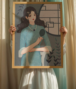 Elegant woman in traditional blue dress with intricate patterns