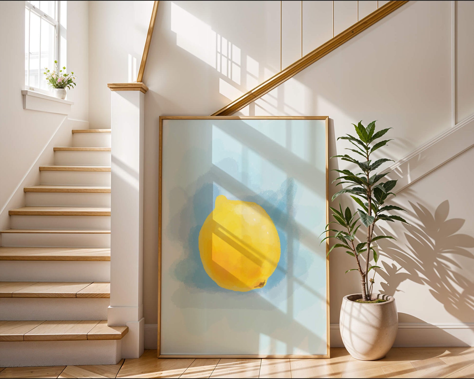 Watercolor artwork of a lemon on a blue background