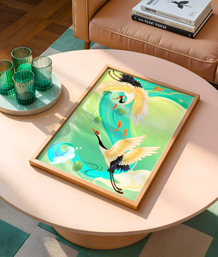 Elegante Kraniche und Fische in einer lebendigen Wasserszene