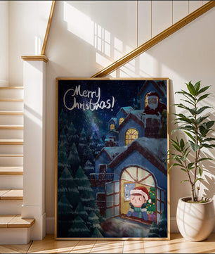 Festive Christmas scene with Santa and a cozy home