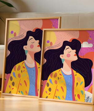 Ilustración colorida de una mujer en estilo artístico con fondo vibrante