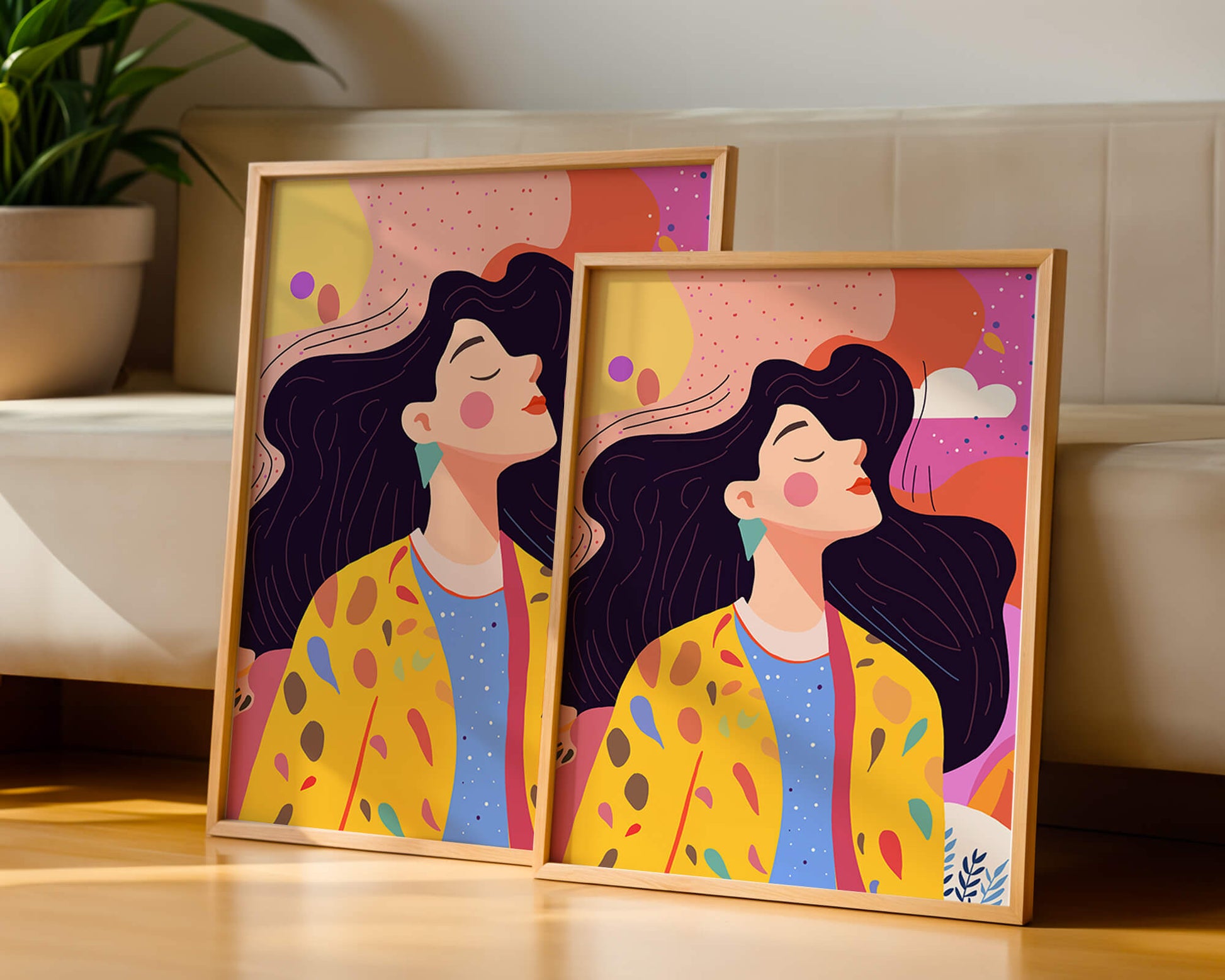 Ilustración colorida de una mujer en estilo artístico con fondo vibrante