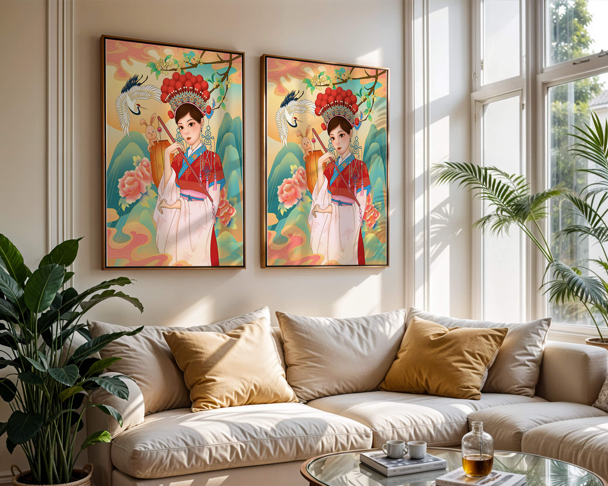 Elegant traditional Chinese illustration featuring a woman in vibrant attire with floral and animal motifs