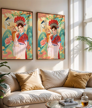 Elegante traditionelle chinesische Illustration mit einer Frau in lebendiger Kleidung mit Blumen- und Tiermotiven