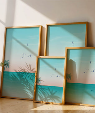 Serene Beach Landscape with Palm Trees and Seagulls at Sunset