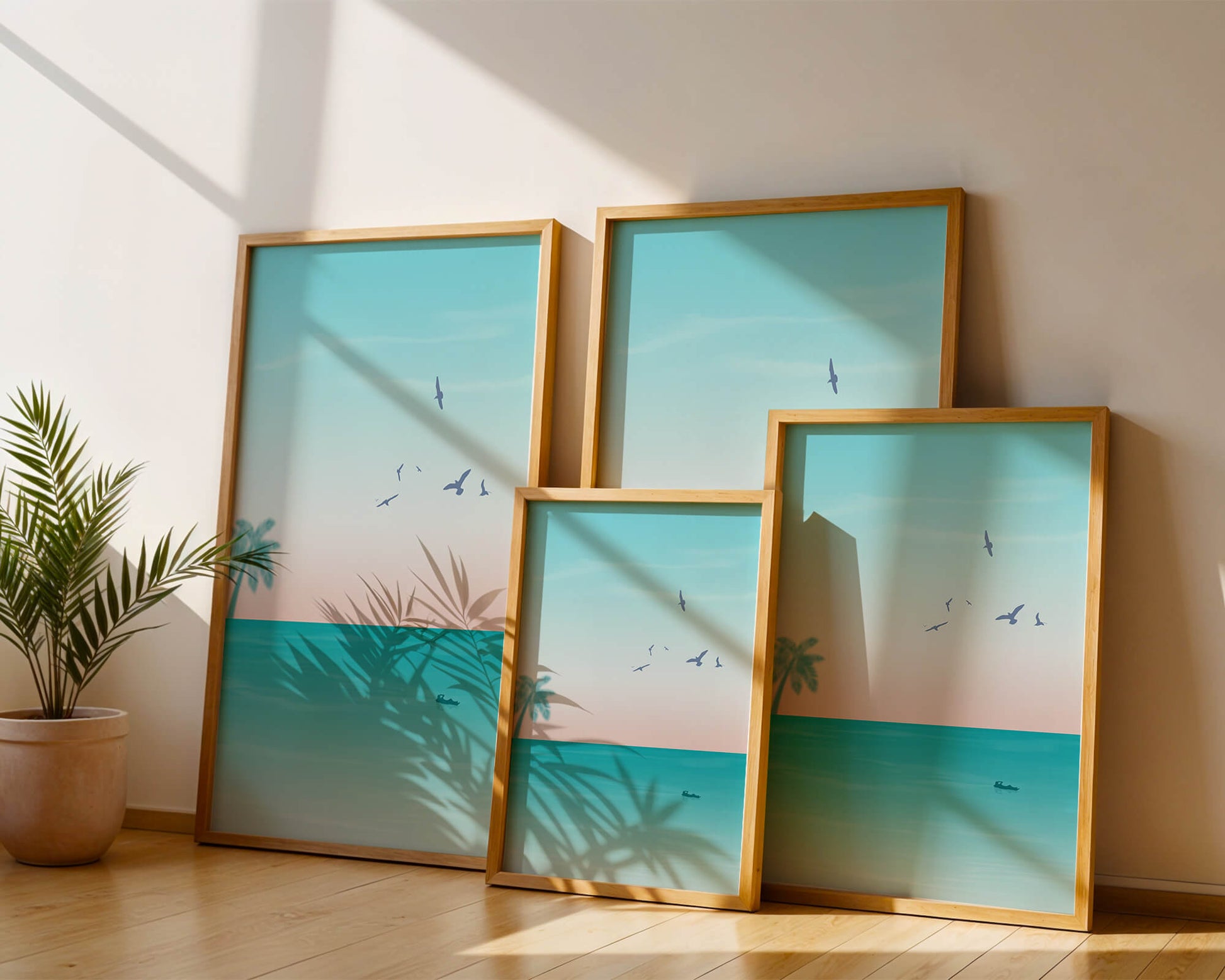 Serene Beach Landscape with Palm Trees and Seagulls at Sunset