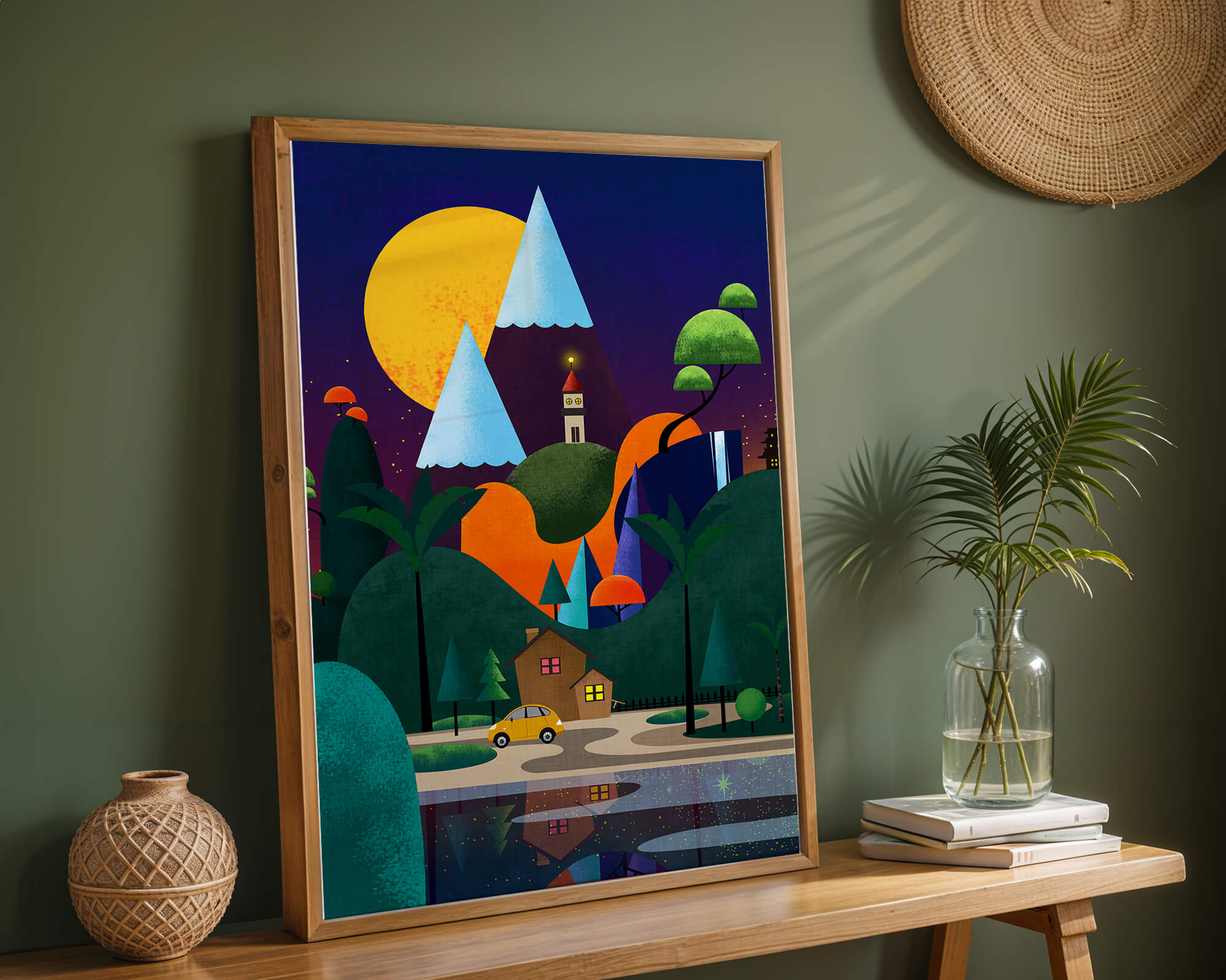 Colorful Modern Landscape with Geometric Elements and A House by The Lake Under The Night Sky