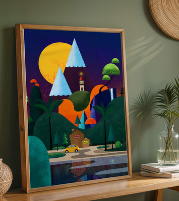 Colorful Modern Landscape with Geometric Elements and A House by The Lake Under The Night Sky