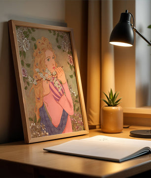 Ilustración floral romántica de una mujer con cabello largo y flores en flor
