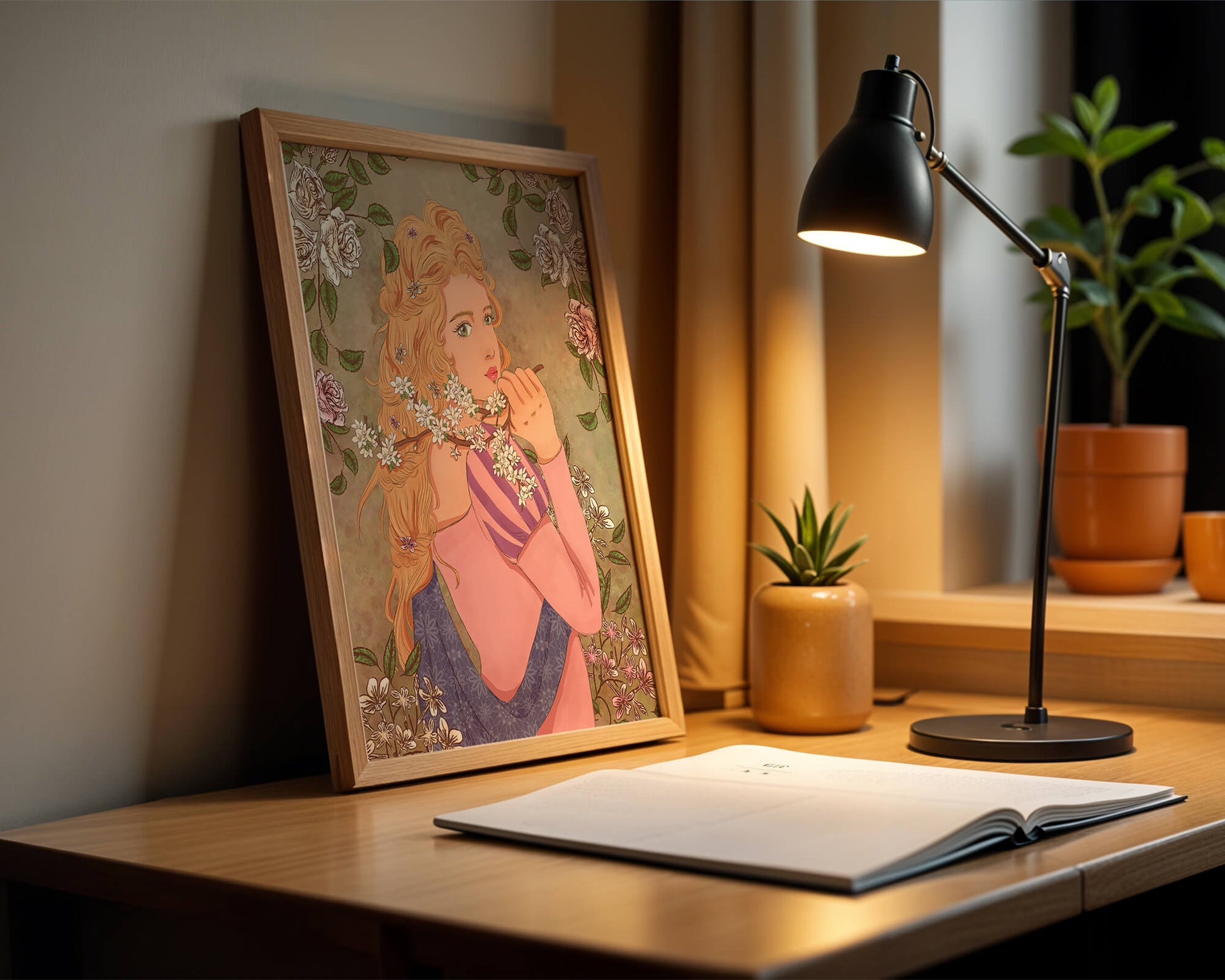 Ilustración floral romántica de una mujer con cabello largo y flores florecientes