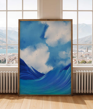 Olas oceánicas hermosas bajo un cielo nublado en una obra de arte