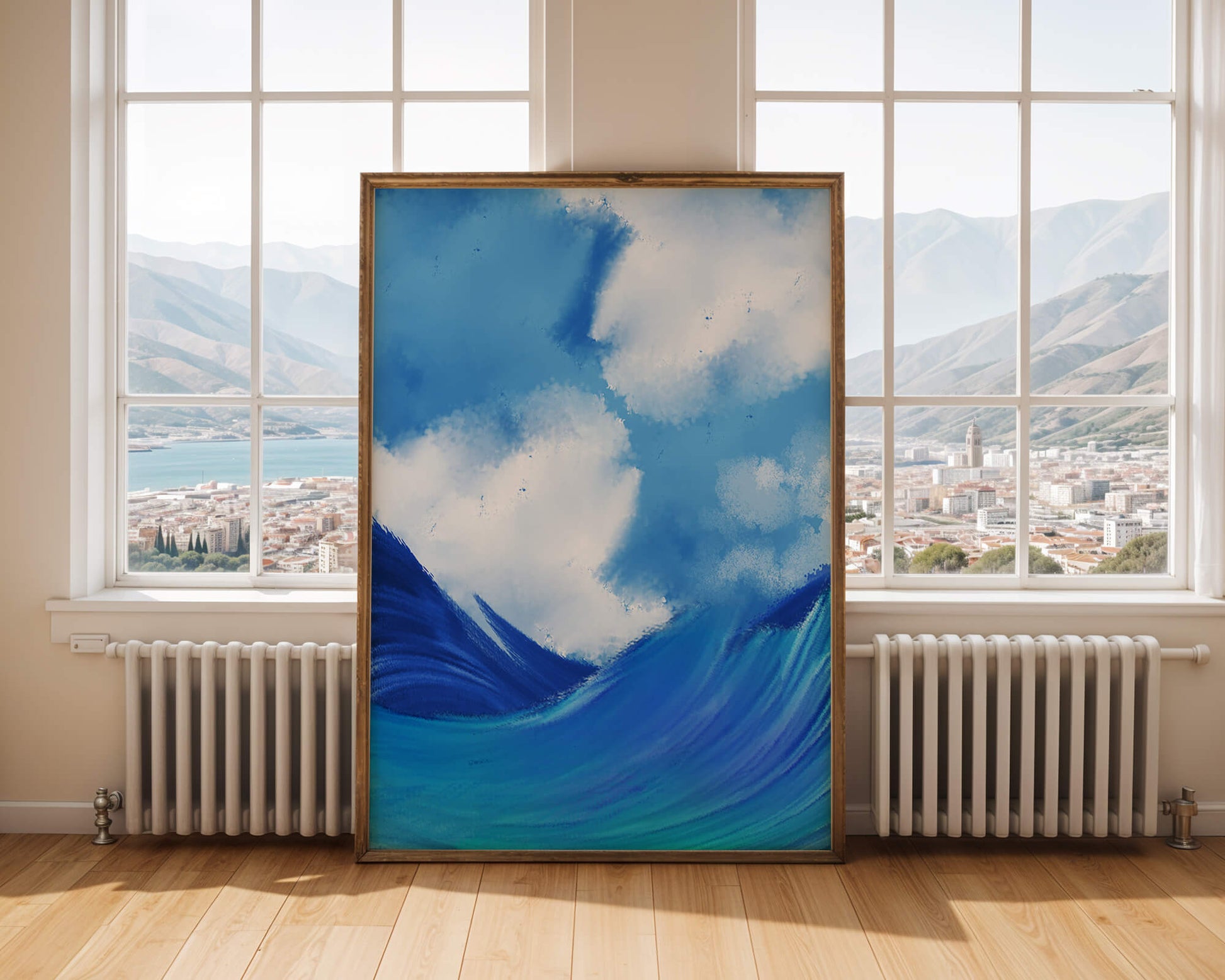Beautiful ocean waves under a cloudy sky artwork